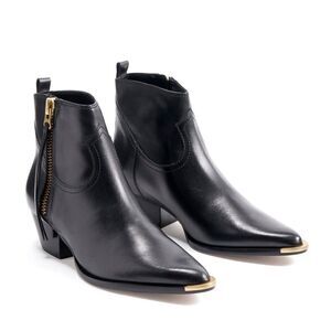 Schutz Leather Ankle Boots NEW Black Western Traci With Brass Metal Trimmed Toe